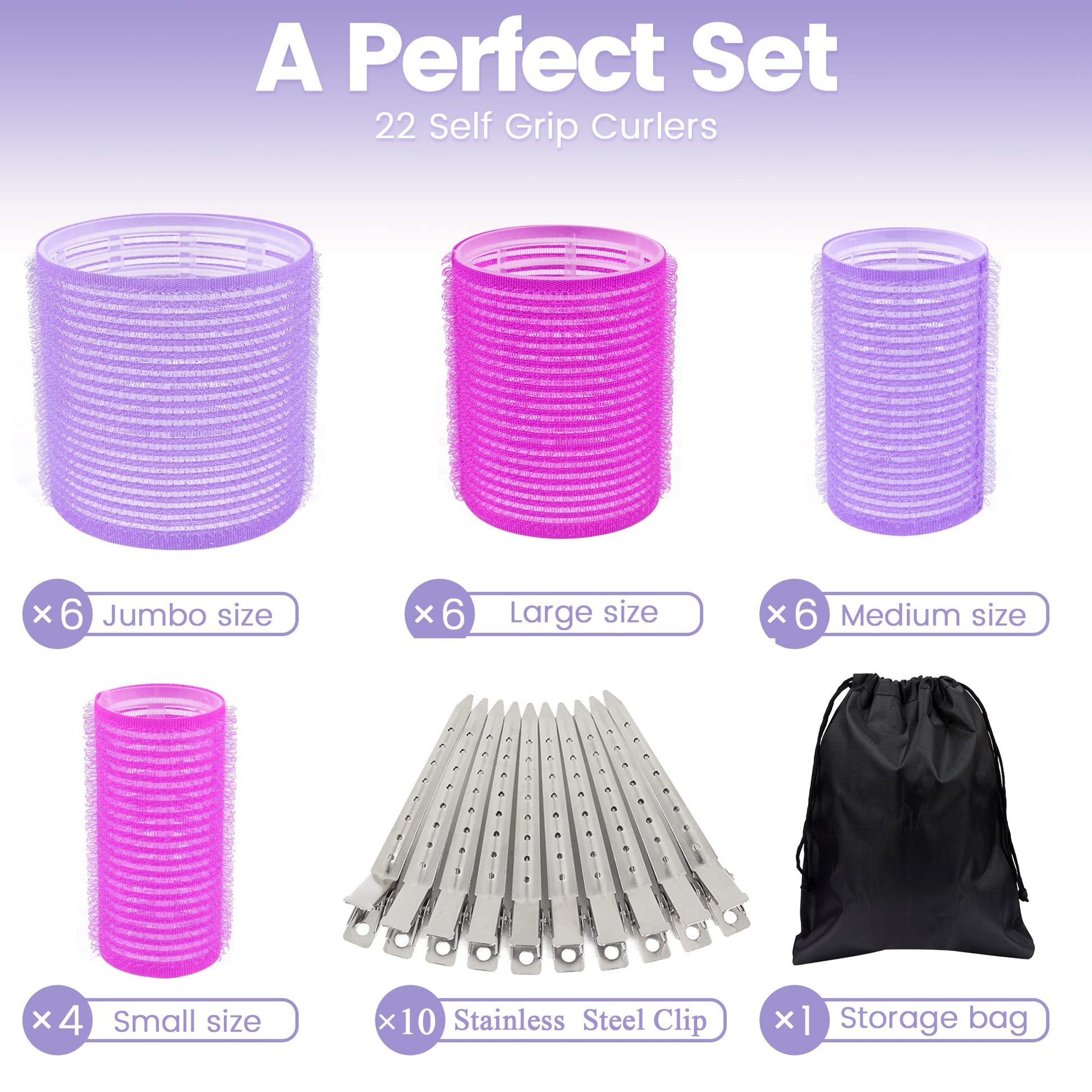 Heatless Velcro hair curlers in multiple sizes with stainless steel clips for volume