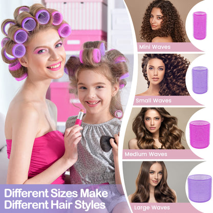 Close up of purple self grip plastic rollers for heatless hair styling