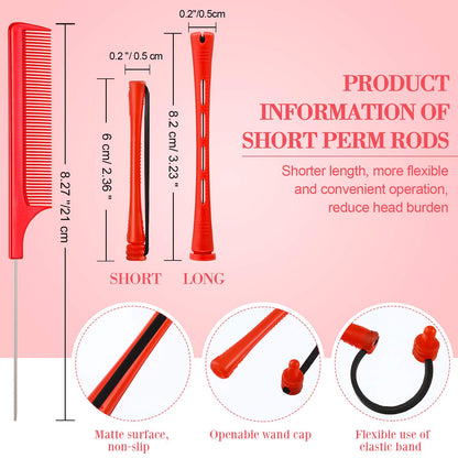 Close up look of forty eight pieces red plastic perming curlers with non slip design