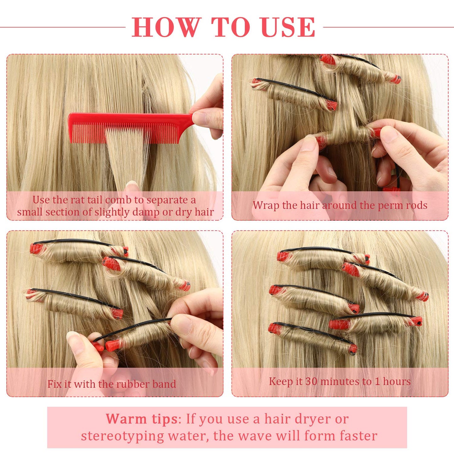 Stainless steel pintail rat tail comb next to red heatless hair curling rollers