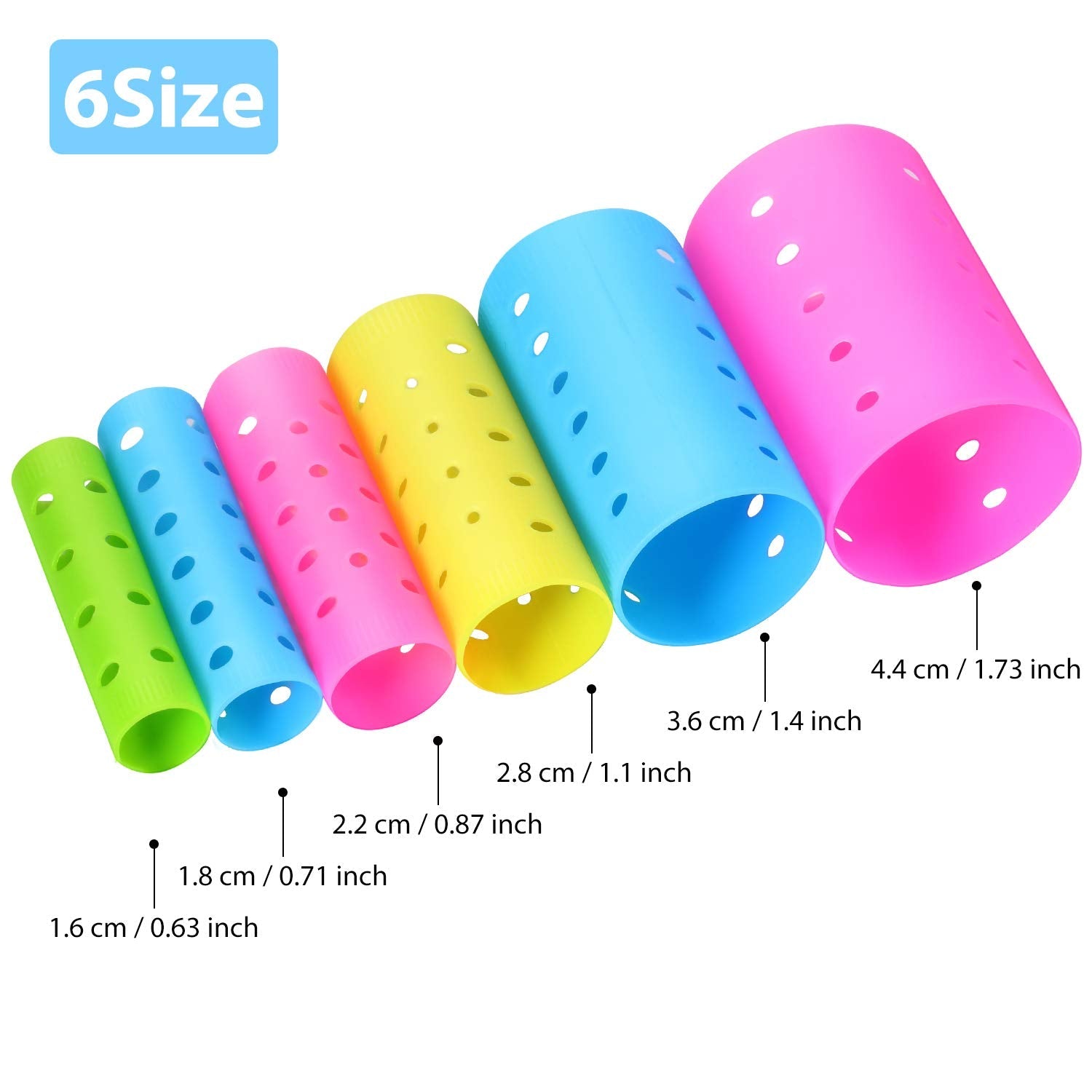 Six different sizes of WILLBOND plastic smooth hair rollers organized by diameter with matching metal pins.