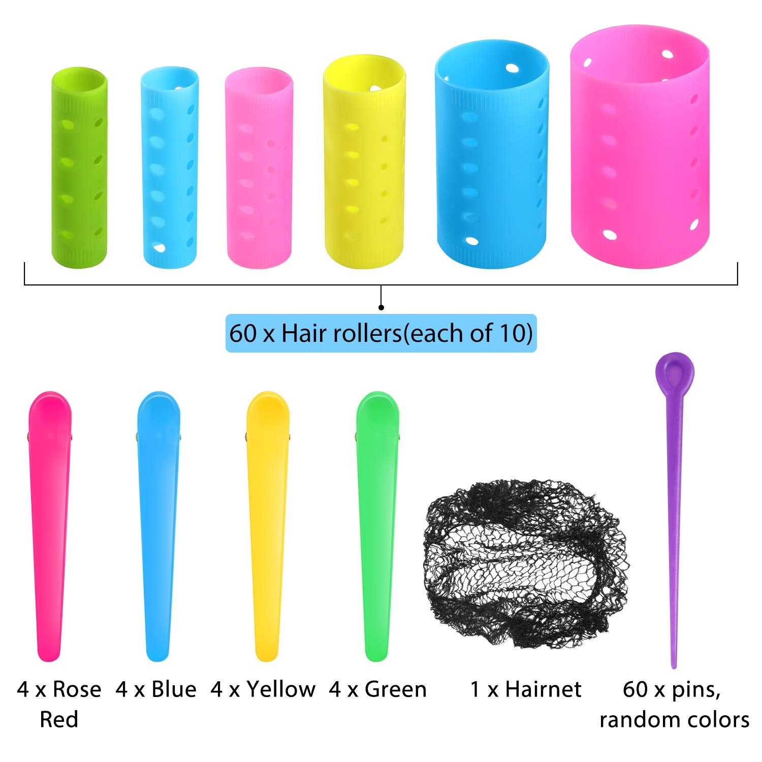 Colorful duck teeth hair clips and black hairnet included in the heatless hair styling kit.