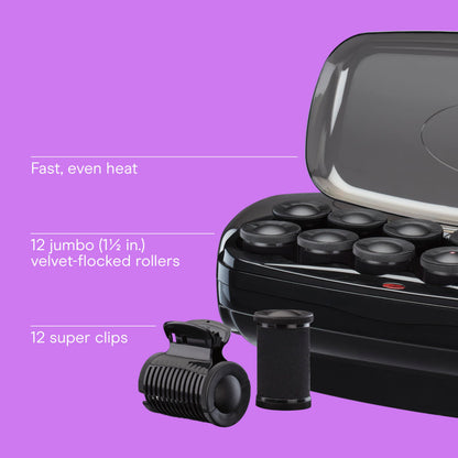 Twelve jumbo ceramic flocked hot rollers arranged inside the compact travel heating case