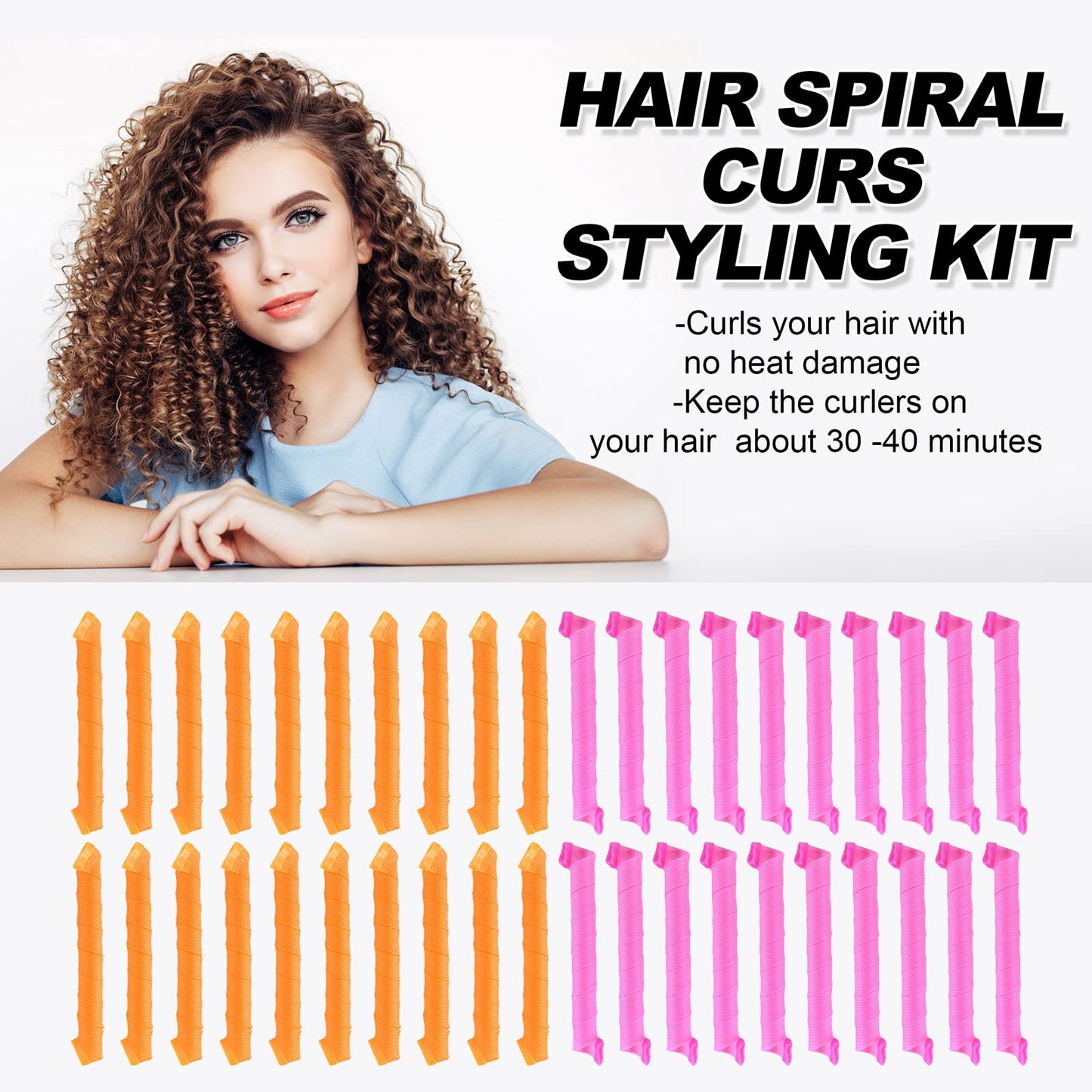 Fifty five centimeter spiral hair curlers kit demonstrating zero damage DIY home hairstyling