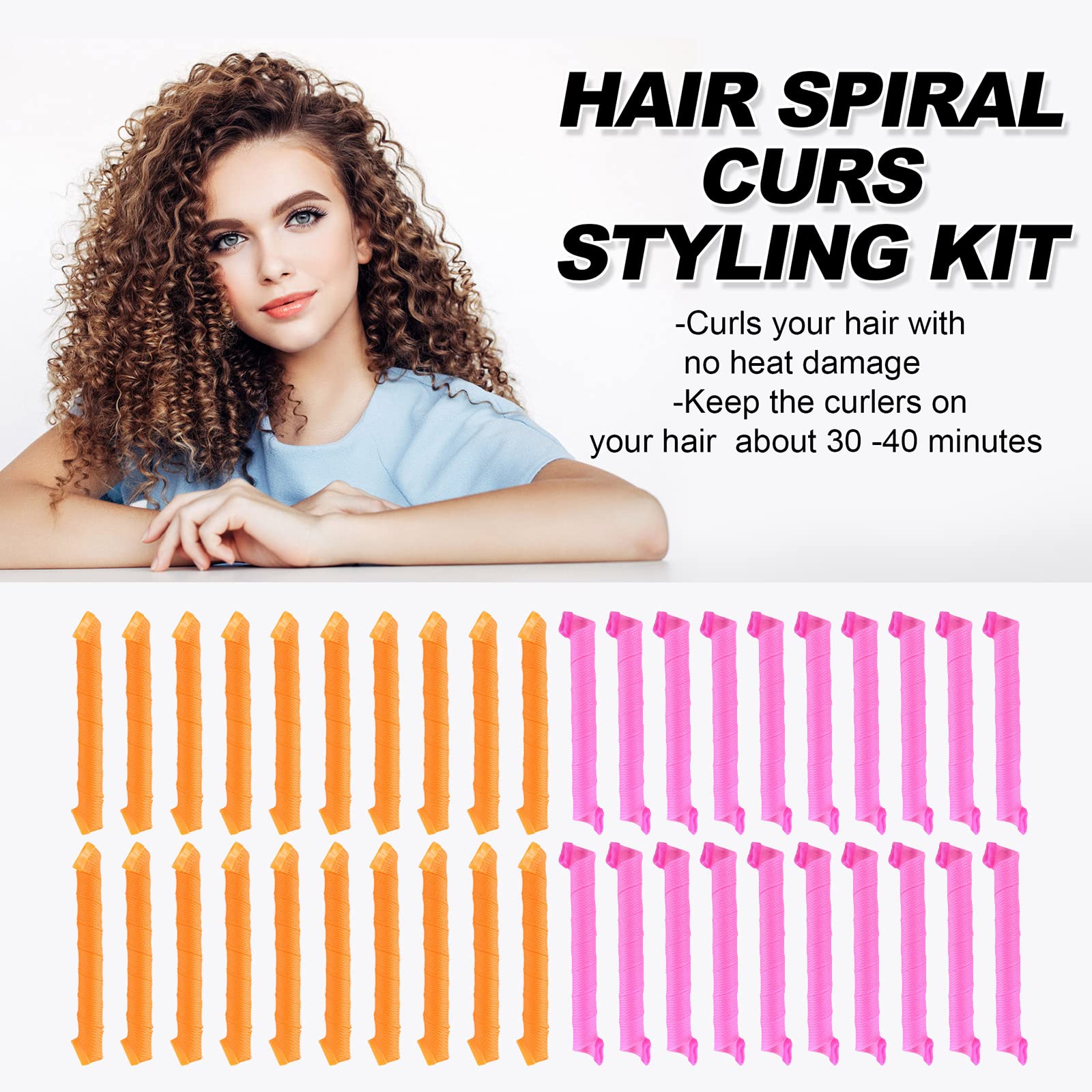 Fifty five centimeter spiral hair curlers kit demonstrating zero damage DIY home hairstyling