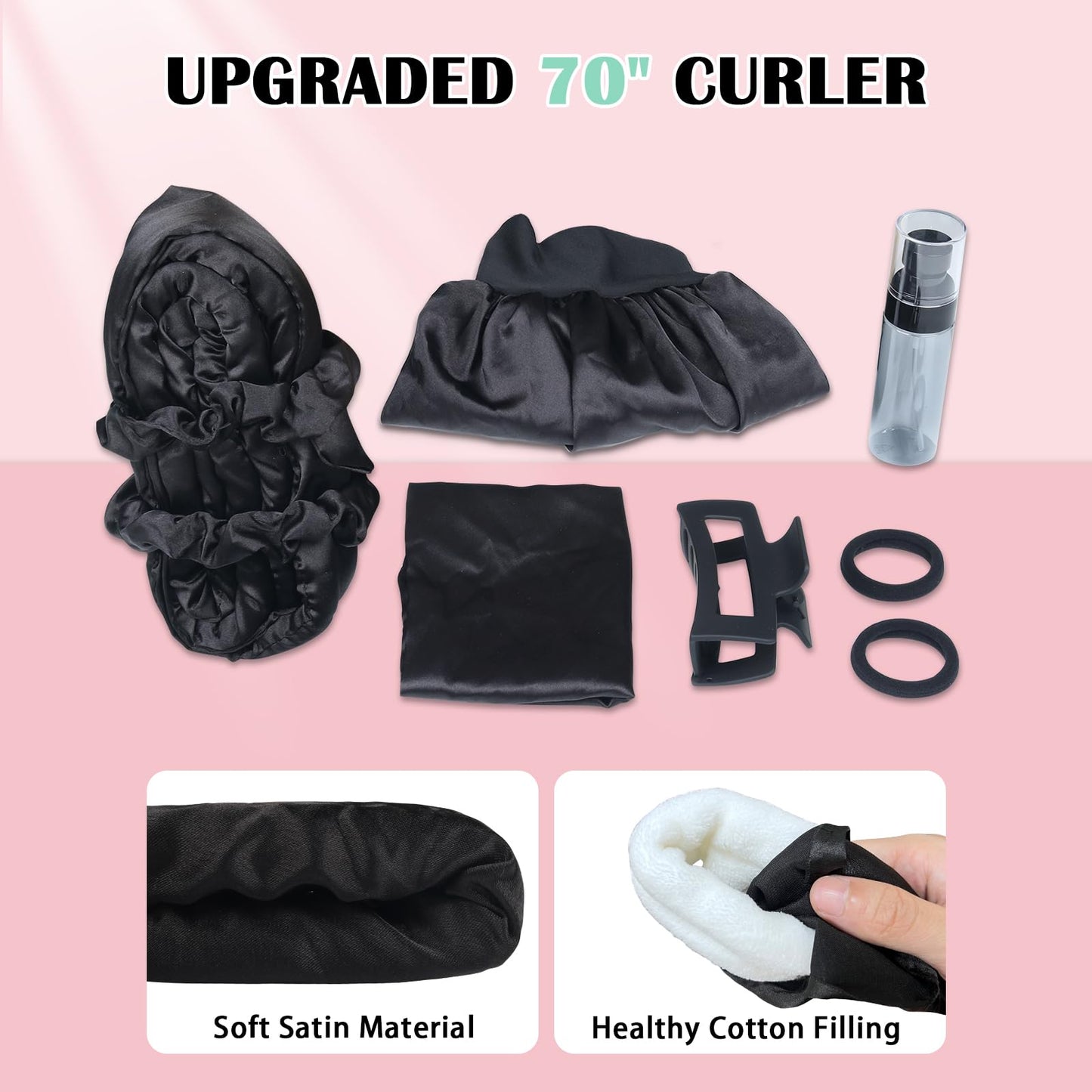 The complete Gwabee heatless curling kit including the matching satin bonnet, scrunchies, claw clip, and spray bottle displayed together.