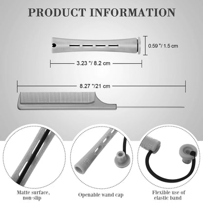 White hair perm rollers with built-in rubber bands and steel rat tail comb.