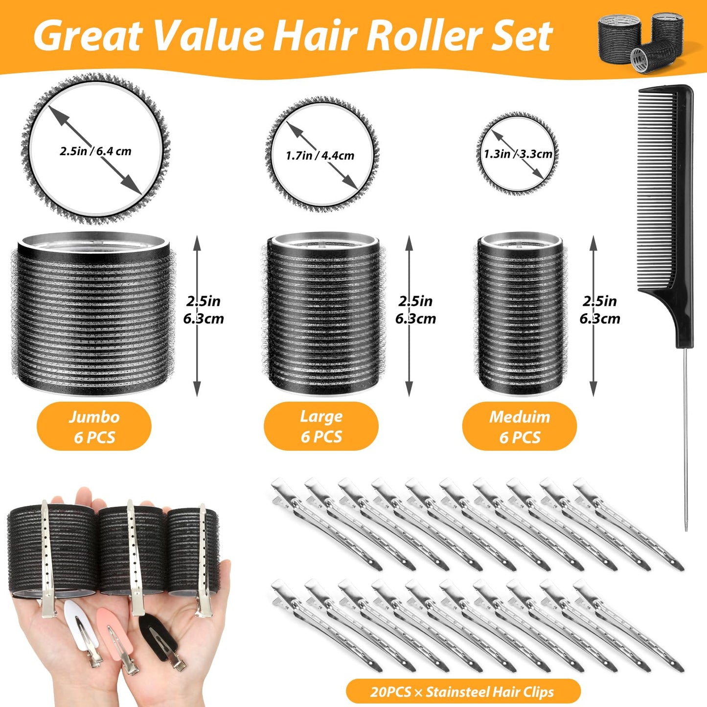 Three different sizes of jumbo black self adhesive hair rollers for volume styling