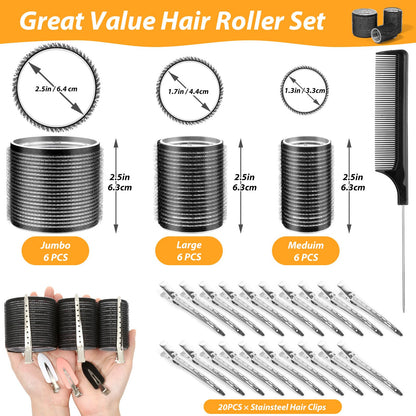 Three different sizes of jumbo black self adhesive hair rollers for volume styling