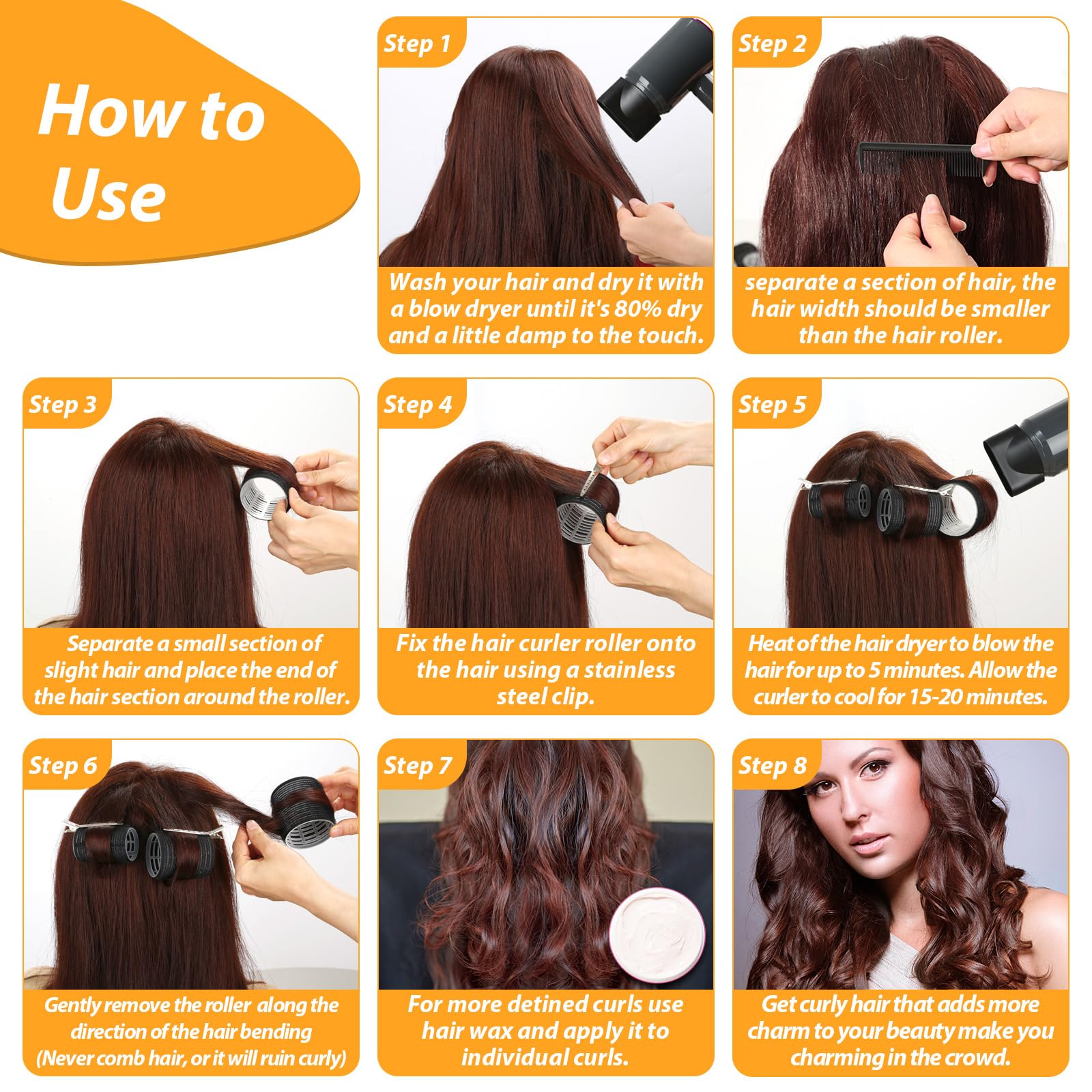 Demonstration of jumbo hair rollers being used on long hair for crown volume