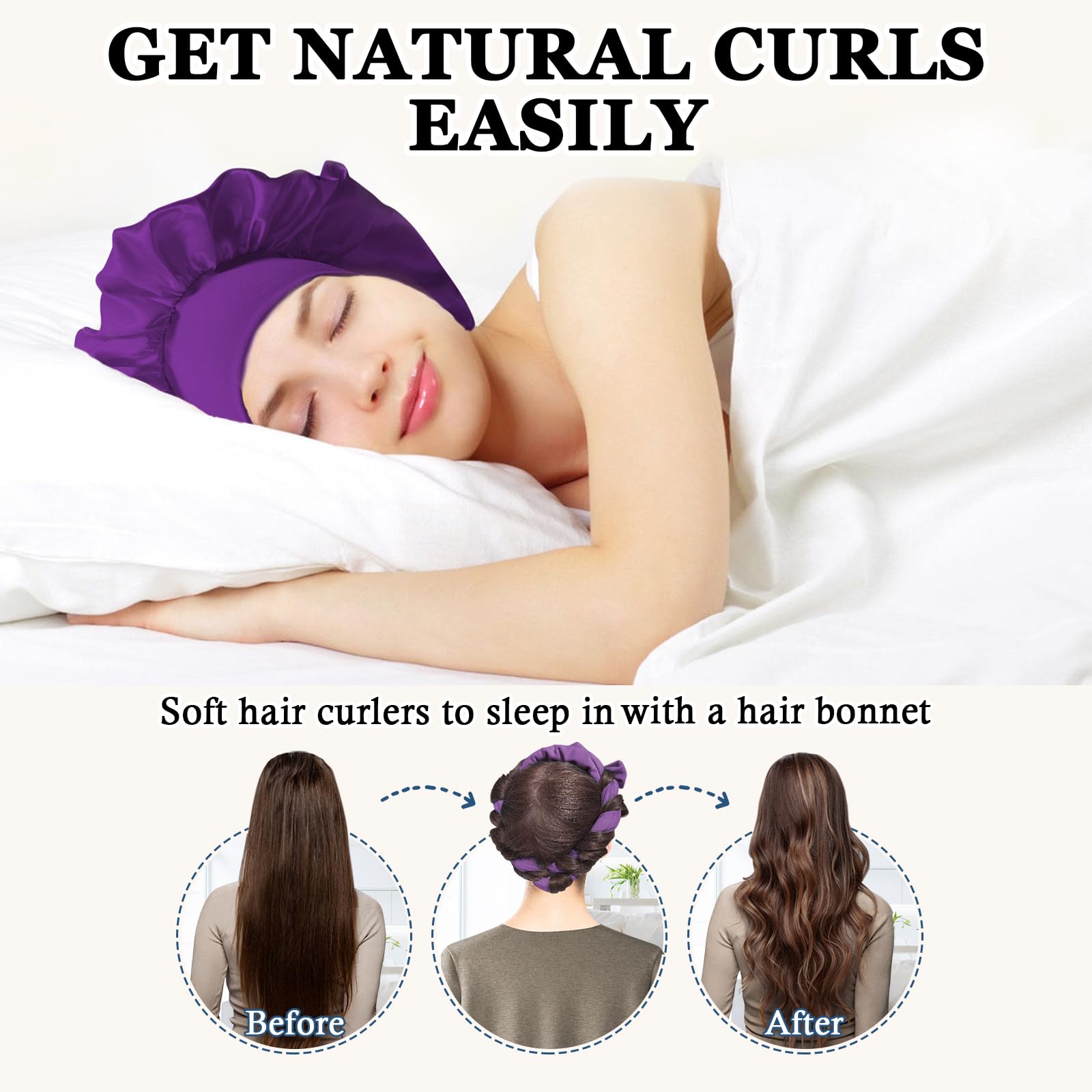 Complete nine piece heatless hair curling set including purple satin sleep bonnet