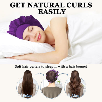 Complete nine piece heatless hair curling set including purple satin sleep bonnet