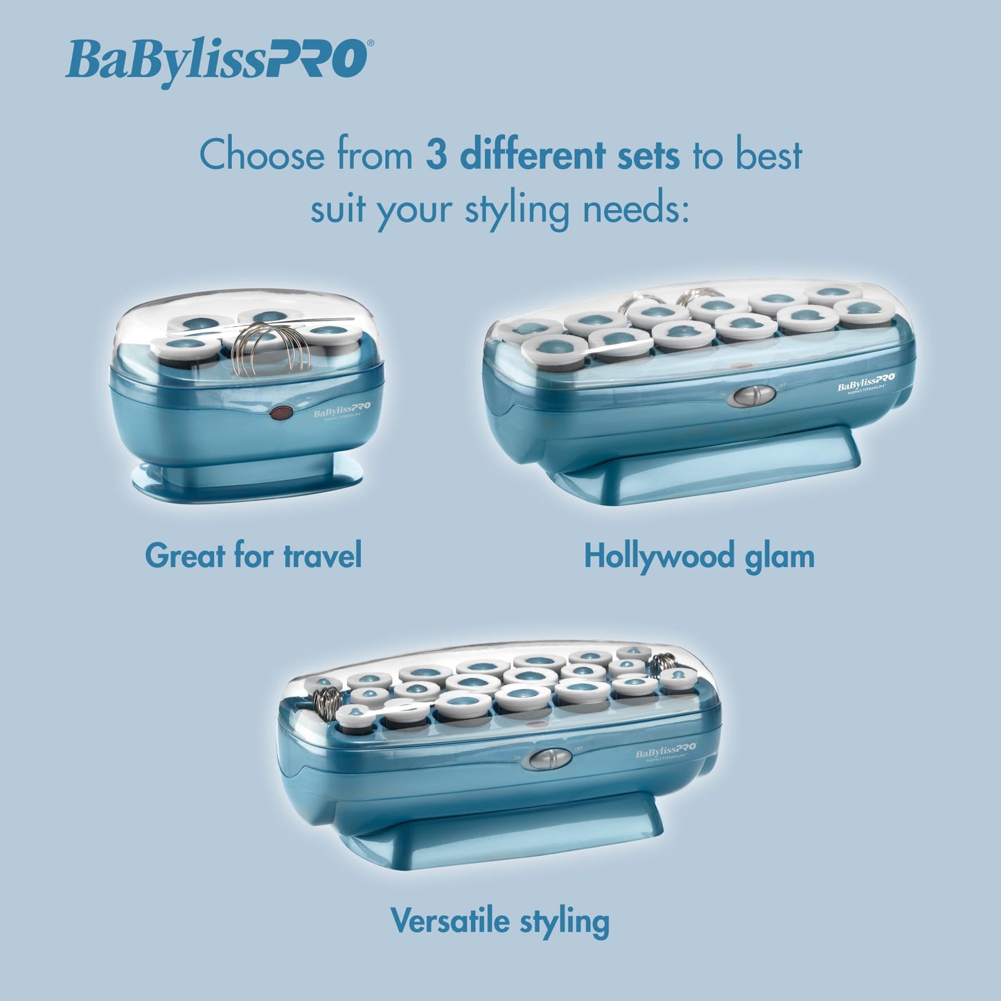 Professional nano titanium hair rollers being heated inside the original blue base unit