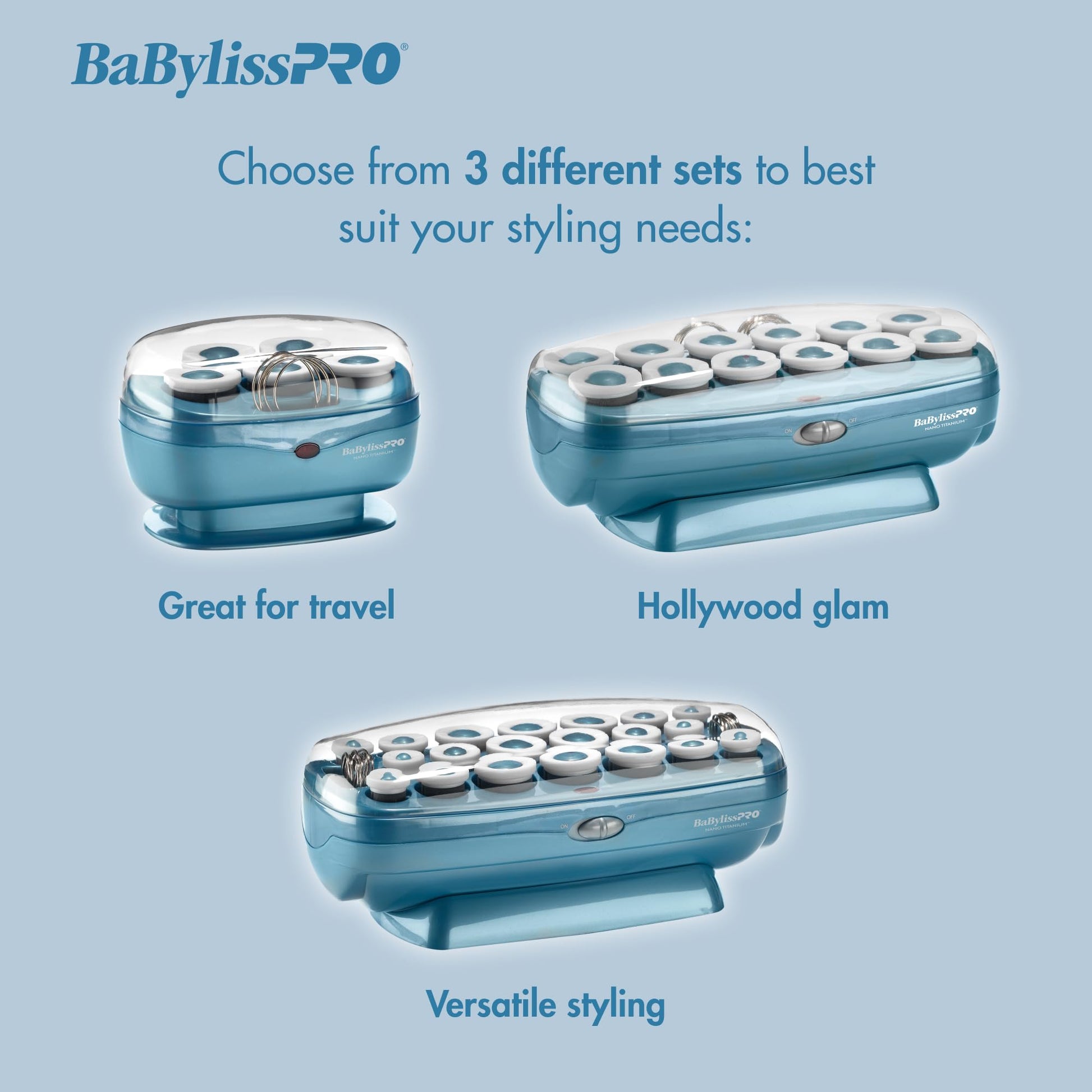 Professional nano titanium hair rollers being heated inside the original blue base unit