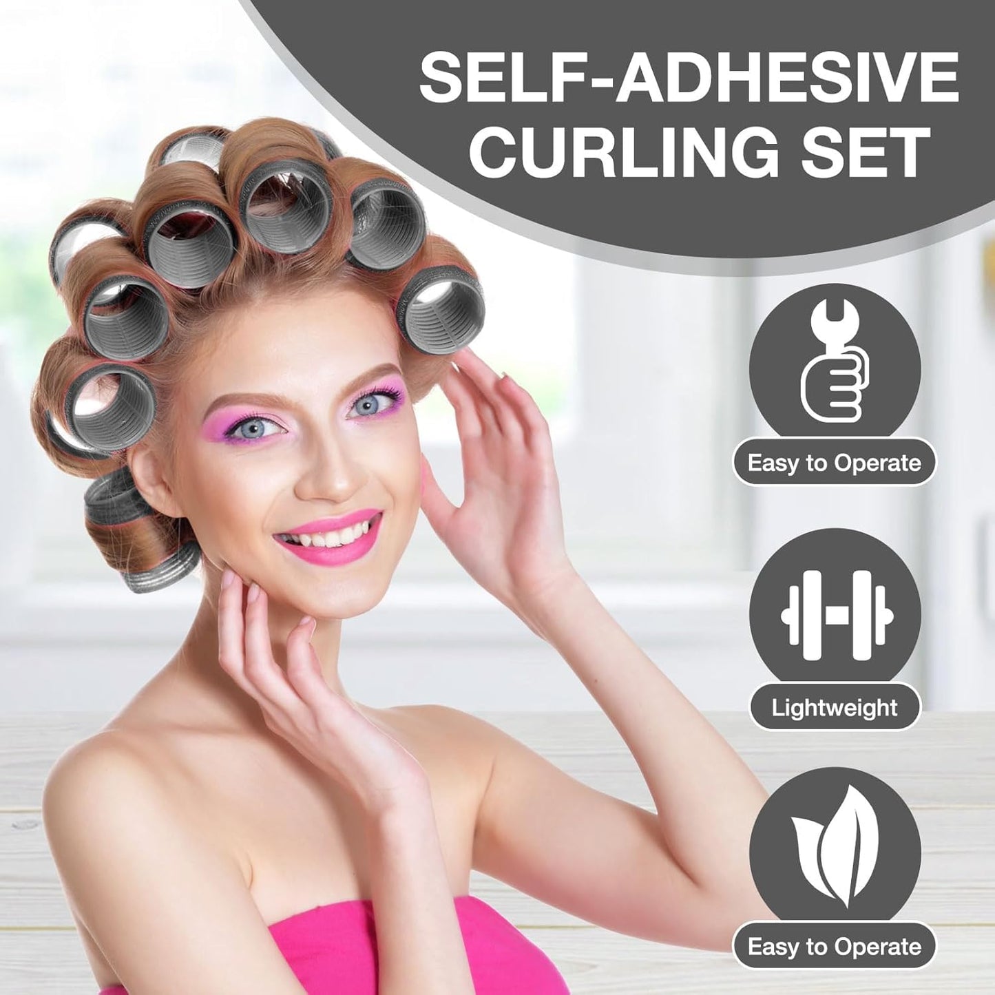 JZko stainless steel duckbill clips organized next to the pink and purple volumizing hair rollers.