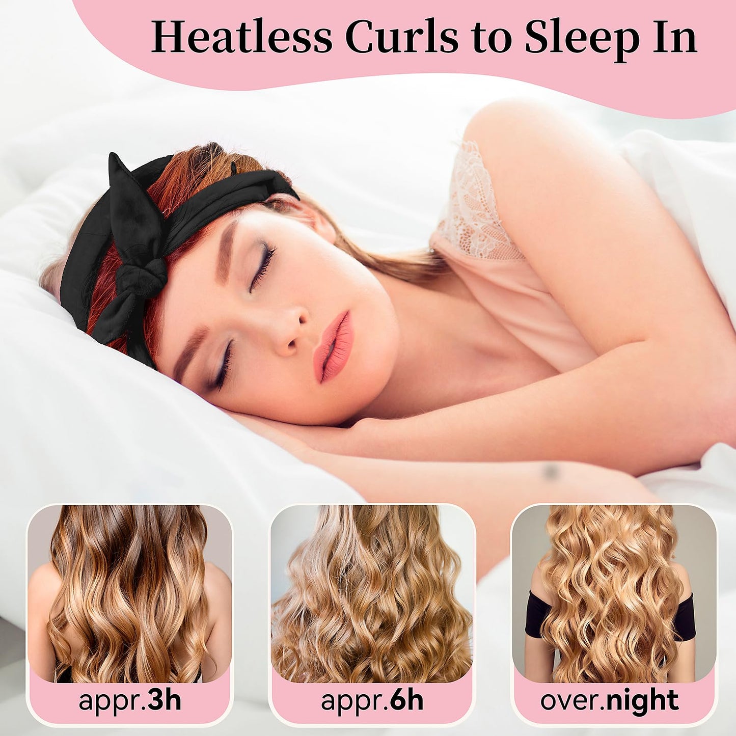 Overnight no heat curls headband kit wrapped around dark hair for natural waves.