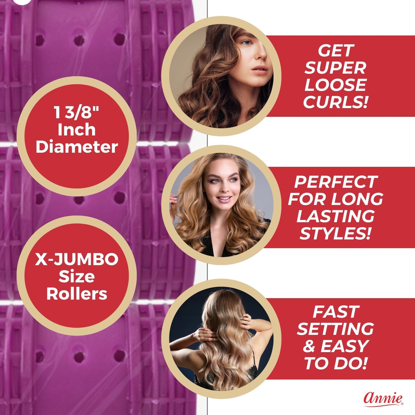 Six pack of professional heat free volume hair rollers packaging details