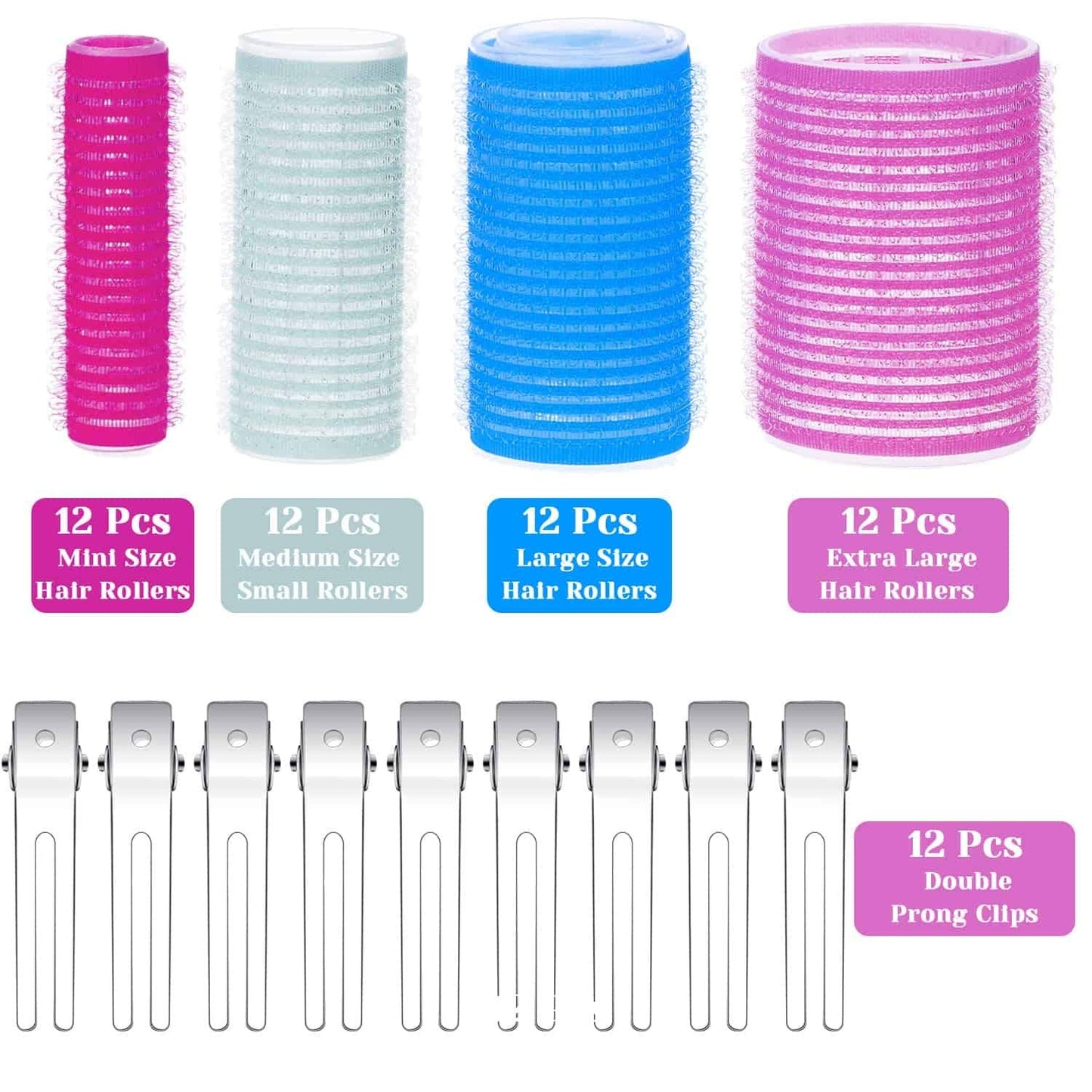 Four different sizes of colorful heatless hair curlers for versatile styling options