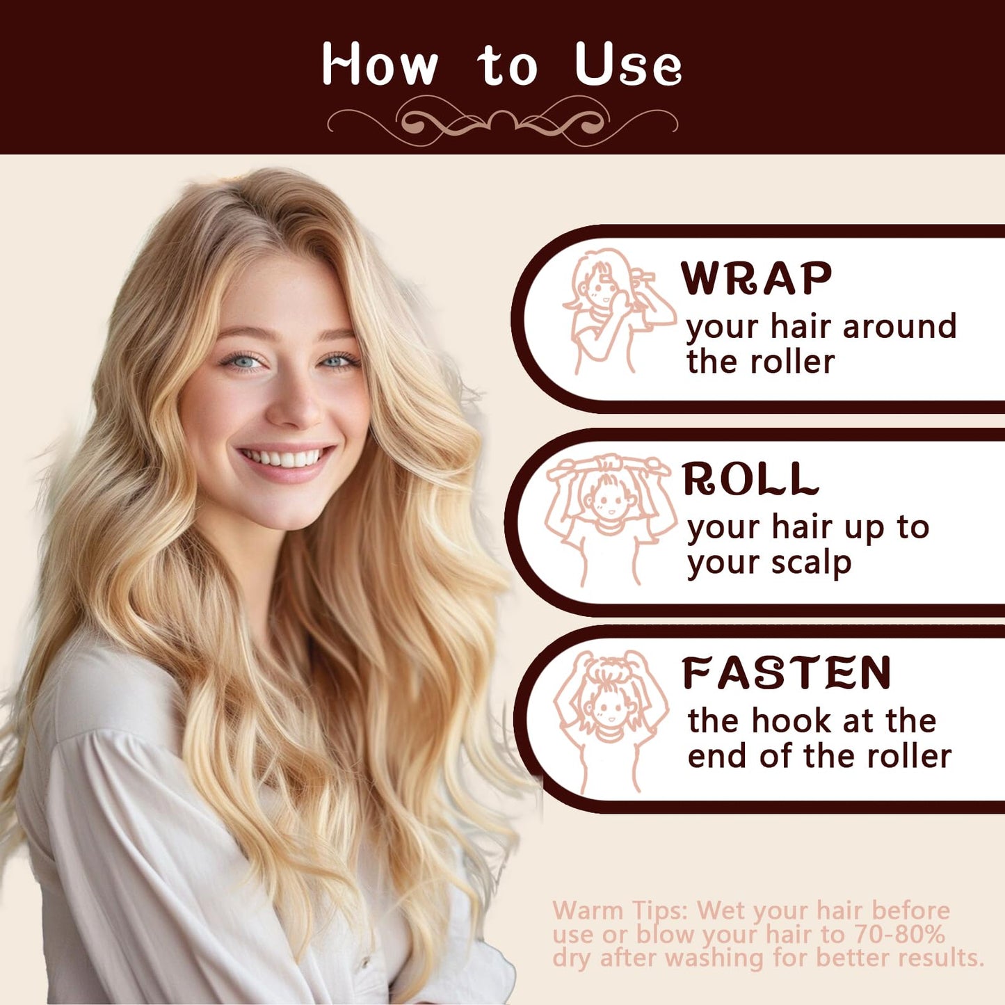 HAIOLORPRO no heat curlers package contents showing the brown styling components for healthy hair care.