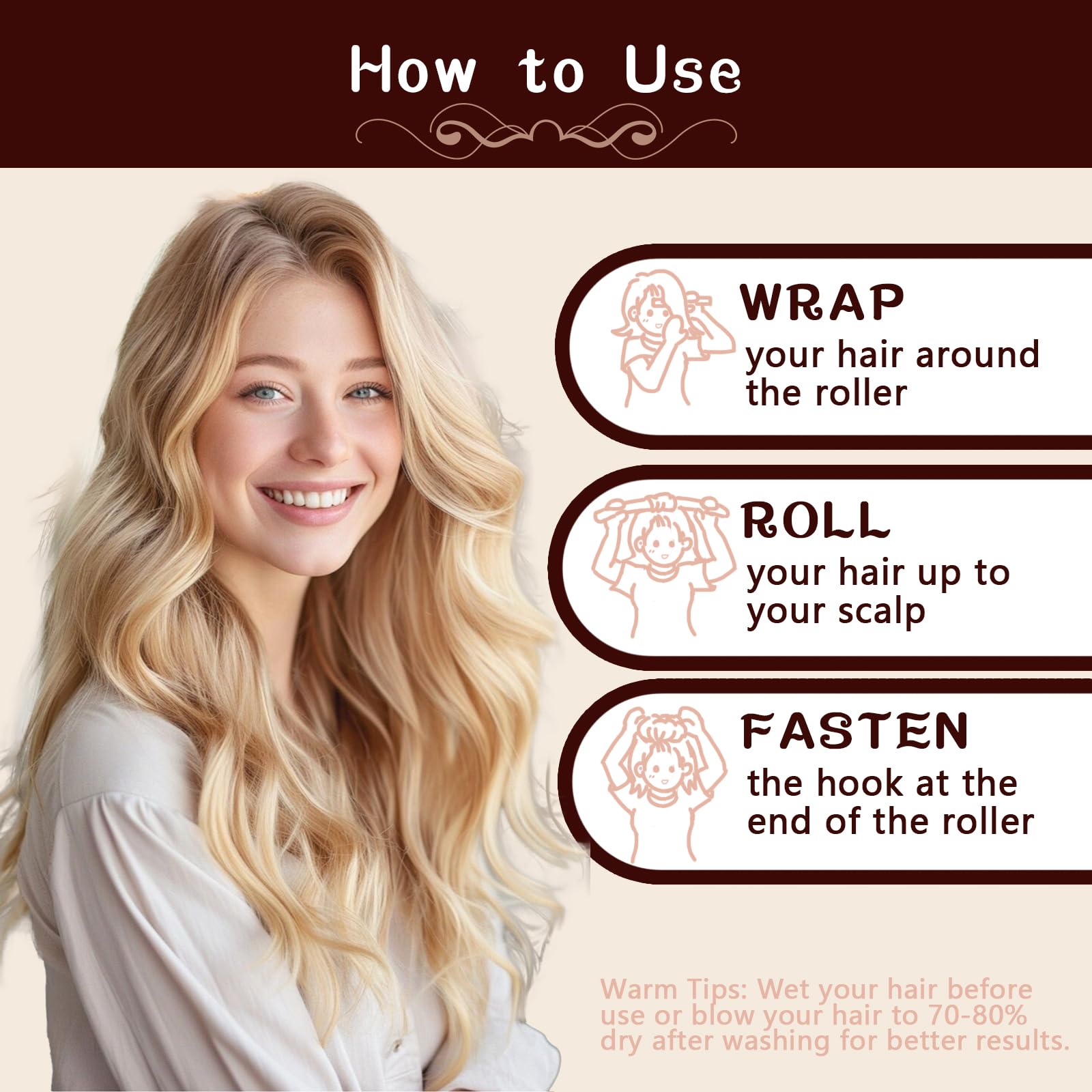 HAIOLORPRO no heat curlers package contents showing the brown styling components for healthy hair care.