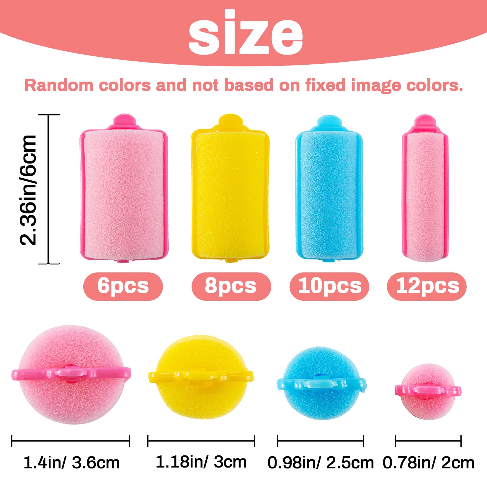 Assorted pink blue and yellow soft sleeping hair rollers with integrated plastic clips.