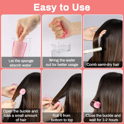 Four different sizes of MAQIHAN heatless rollers displayed for short and long hair styling.