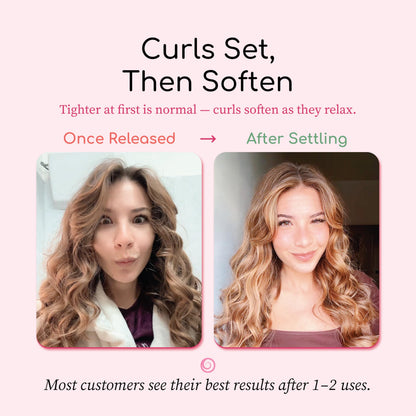 Demonstration of a person wrapping medium length hair around the mauve curling fabric.