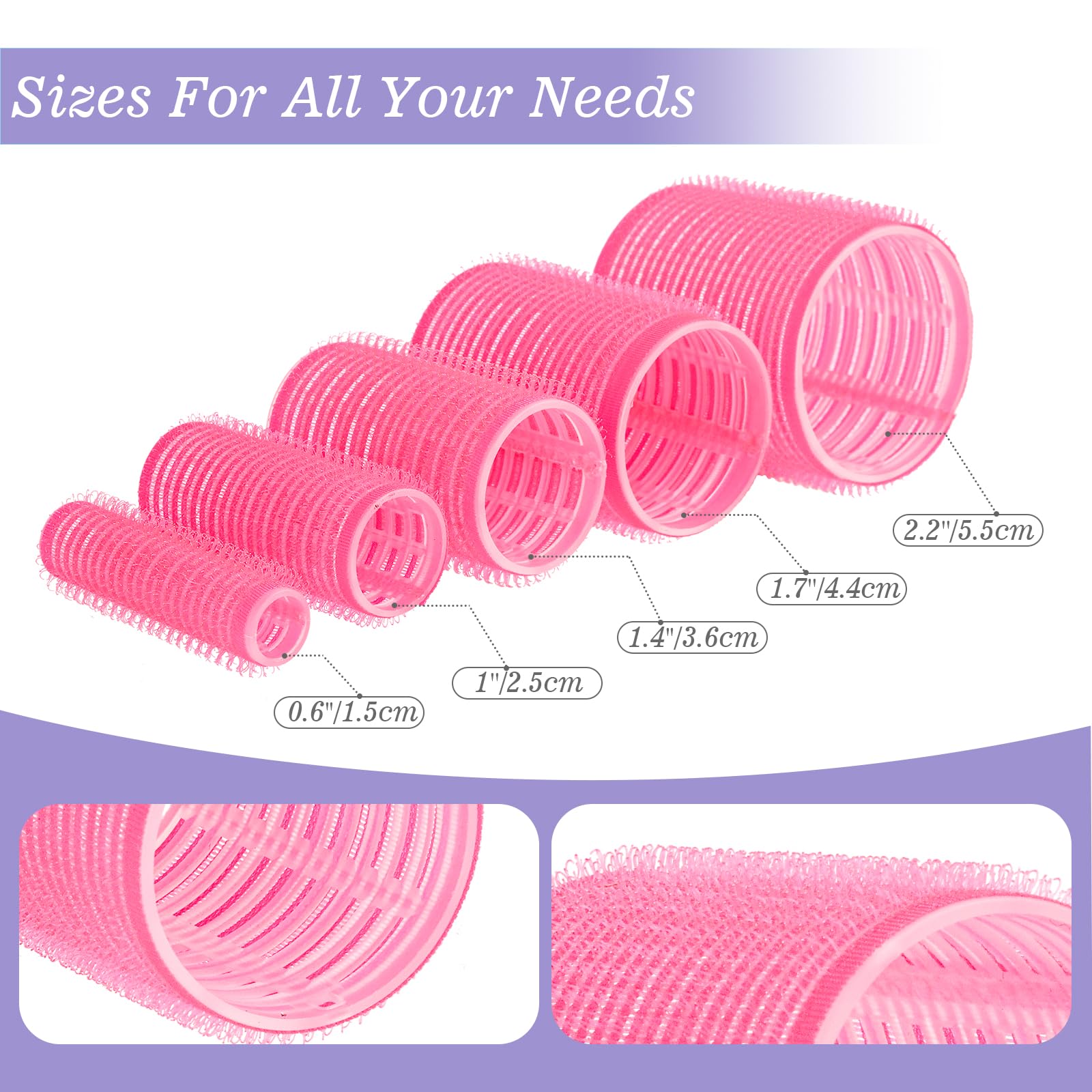 Close up of YHOVID self grip plastic hair curlers and stainless steel duckbill prong clips
