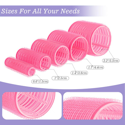 Close up of YHOVID self grip plastic hair curlers and stainless steel duckbill prong clips