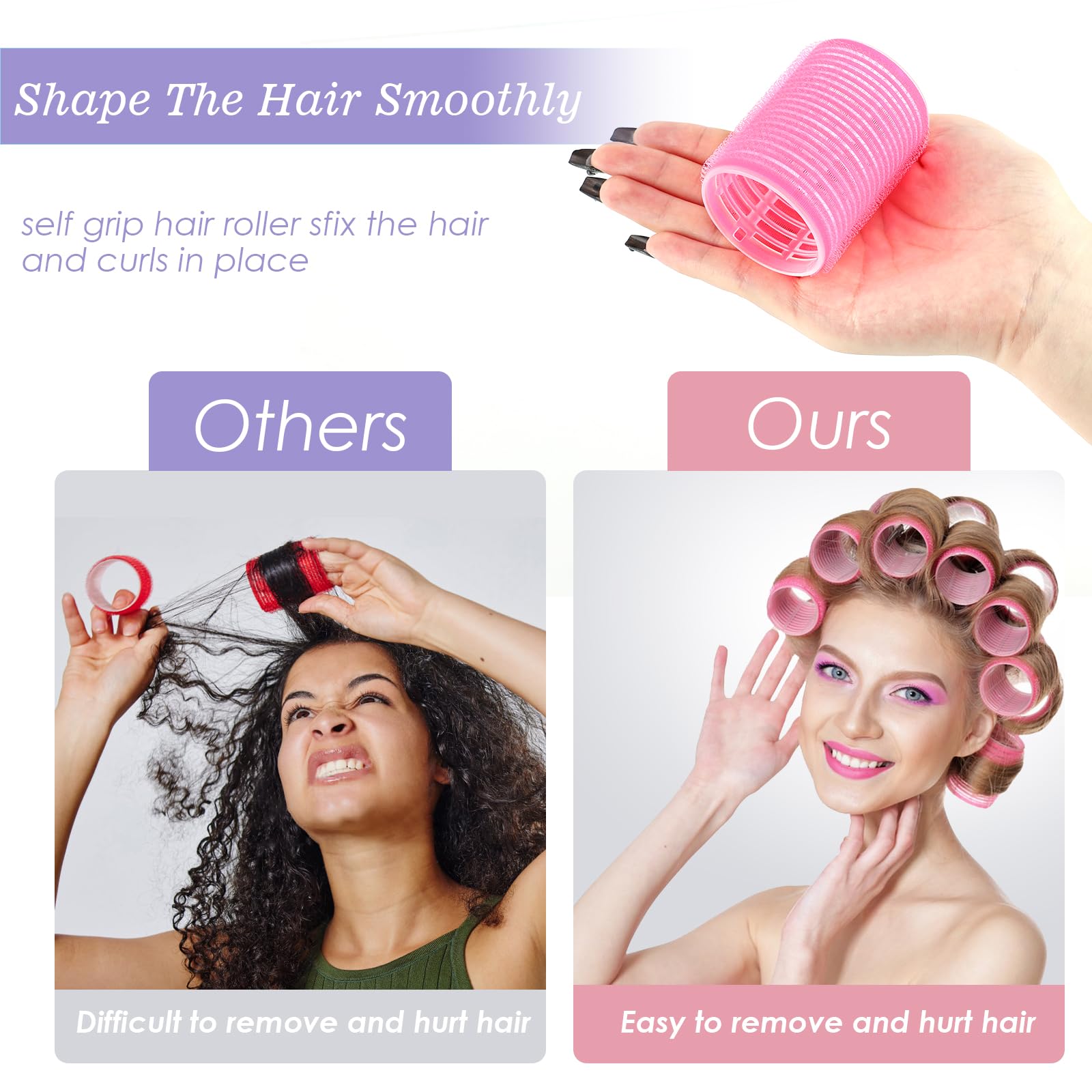 Various sizes of pink YHOVID hair rollers showcasing the texture of the self grip material