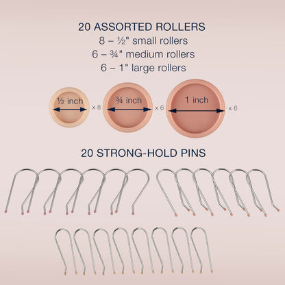 Conair multi sized heated hair curlers with color coded stainless steel clips arranged neatly on a surface.