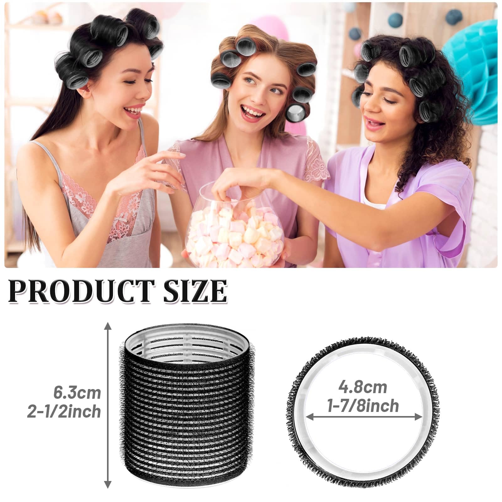 Twelve pack of black self grip hair rollers with stainless steel duckbill clips for heatless styling