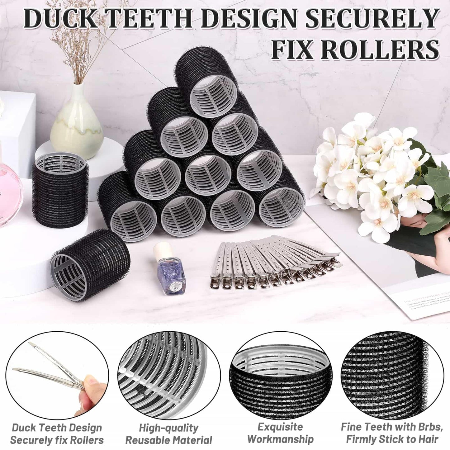 Jumbo size hair rollers with metal clips applied on long thick hair for crown volume