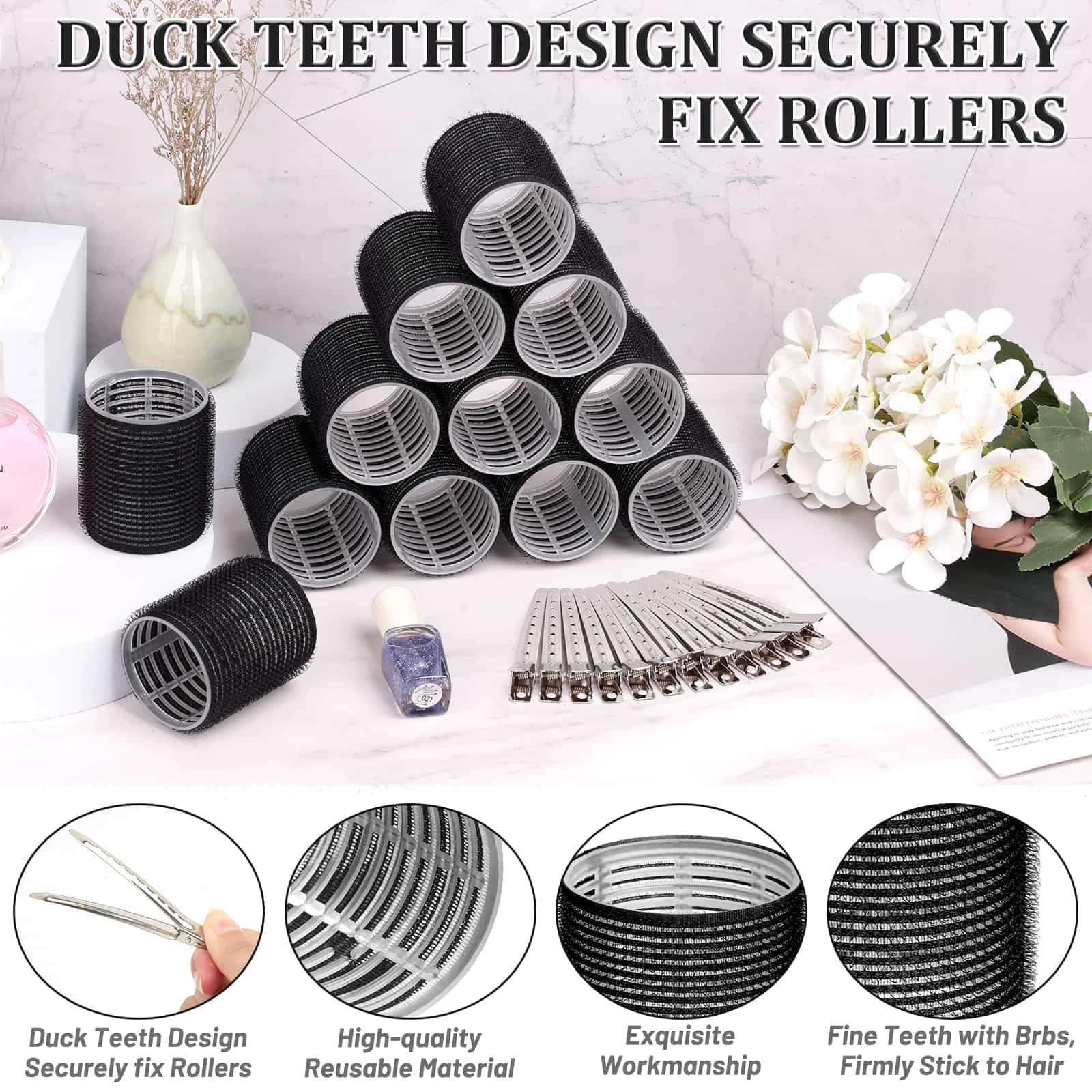 Jumbo size hair rollers with metal clips applied on long thick hair for crown volume