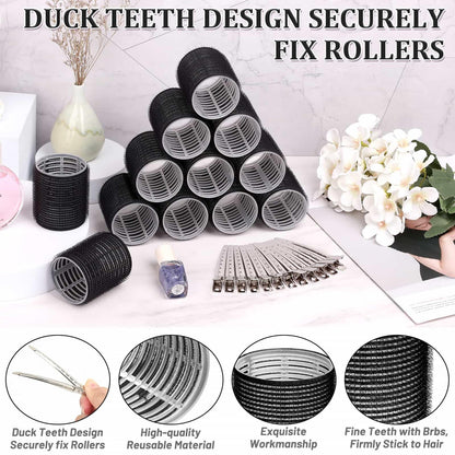 Jumbo size hair rollers with metal clips applied on long thick hair for crown volume