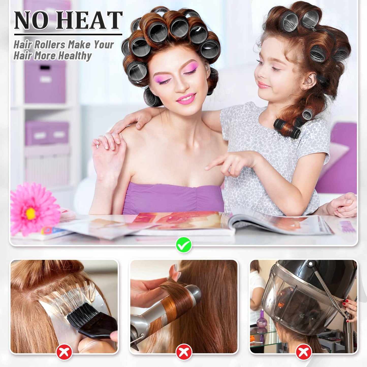 Step by step usage instructions for creating bouncy curls using self grip volumizing rollers