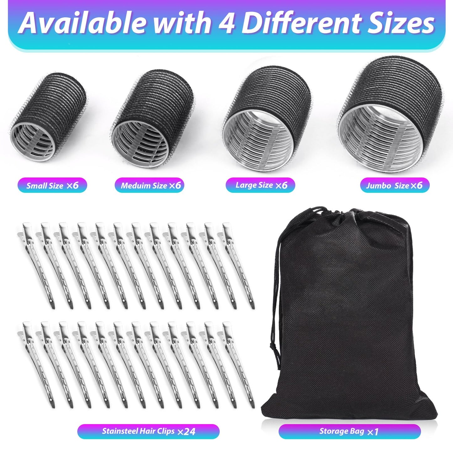 Shynek self-grip hair rollers close-up demonstrating the four distinct sizes from jumbo to small