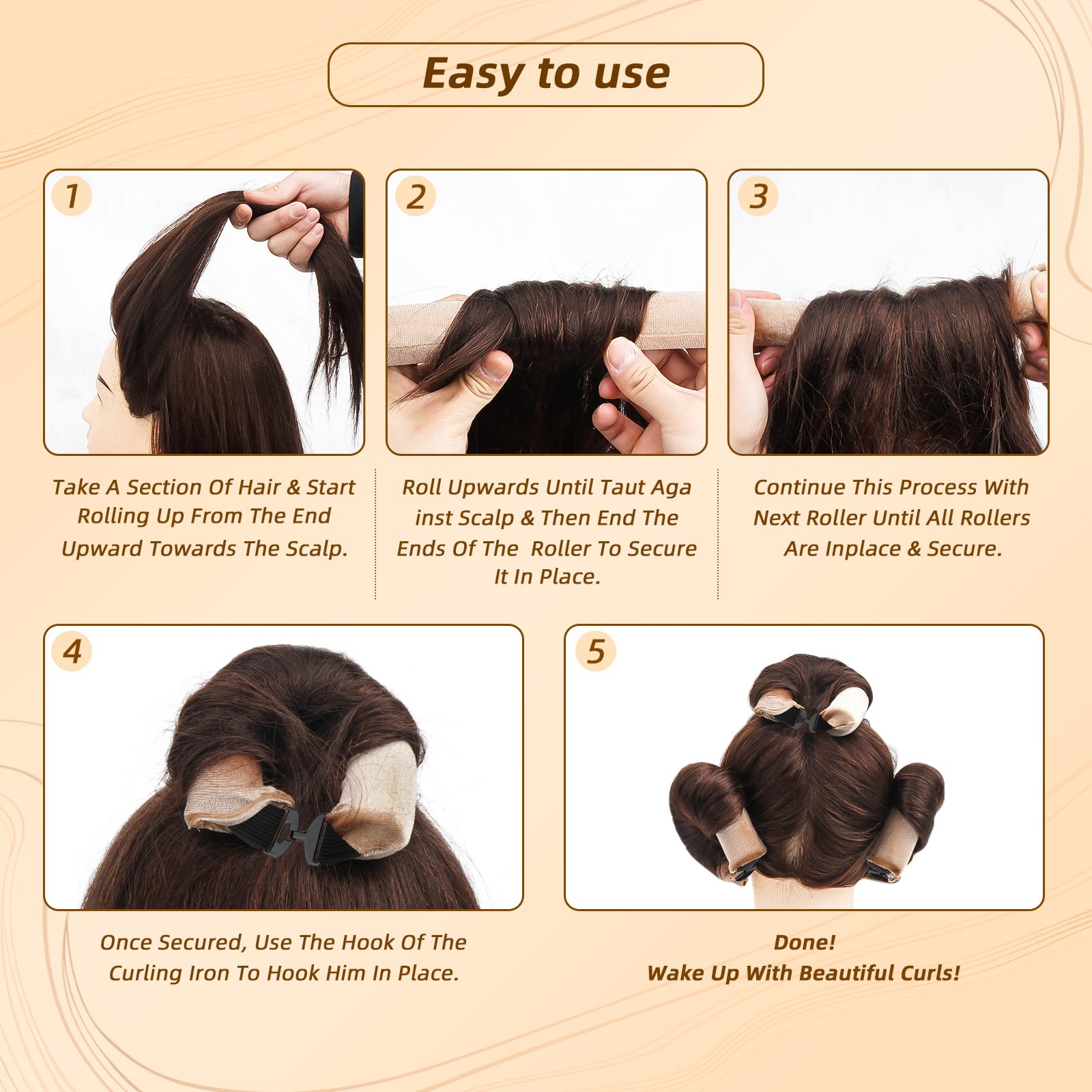 Demonstration of a woman sleeping comfortably with the soft no heat overnight sleeping curls tools