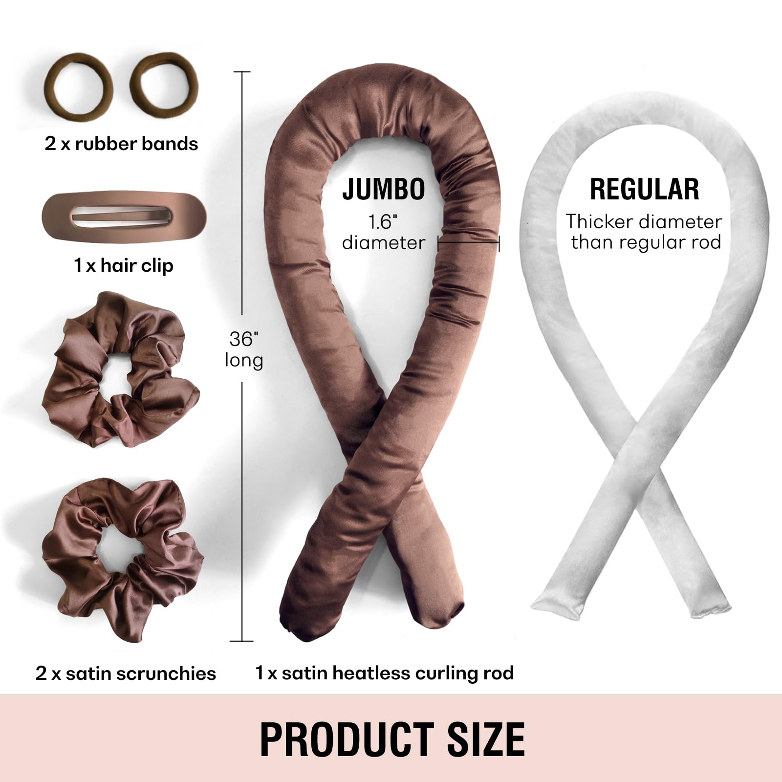 VivaSmile jumbo satin heatless curler set components laid out to show flexible foam rod and hair accessories.