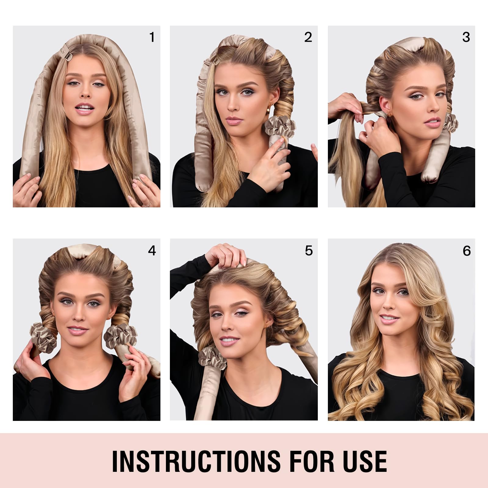 VivaSmile hair styling accessories demonstrating how the brown satin ribbon secures for overnight blowout volume.