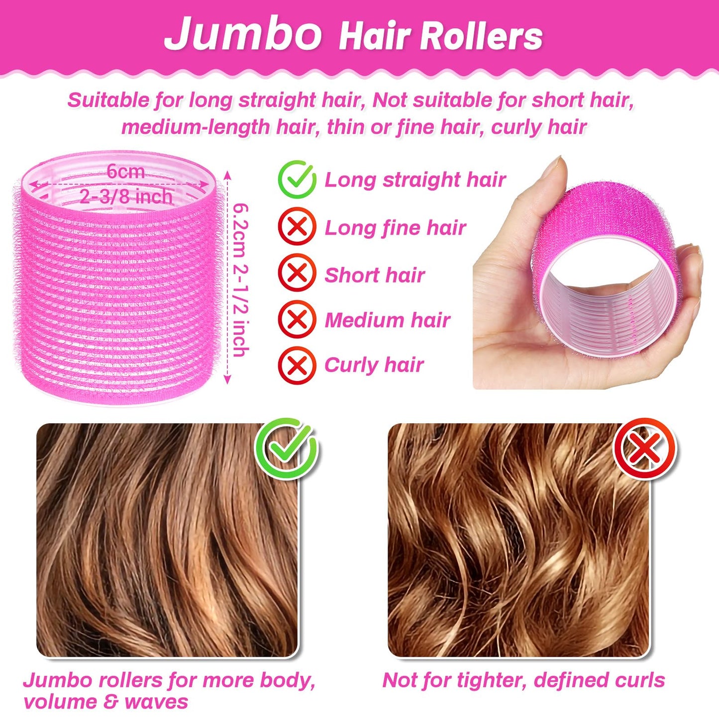 Twelve pieces of sixty millimeter big hair rollers with matching stainless steel duckbill clips
