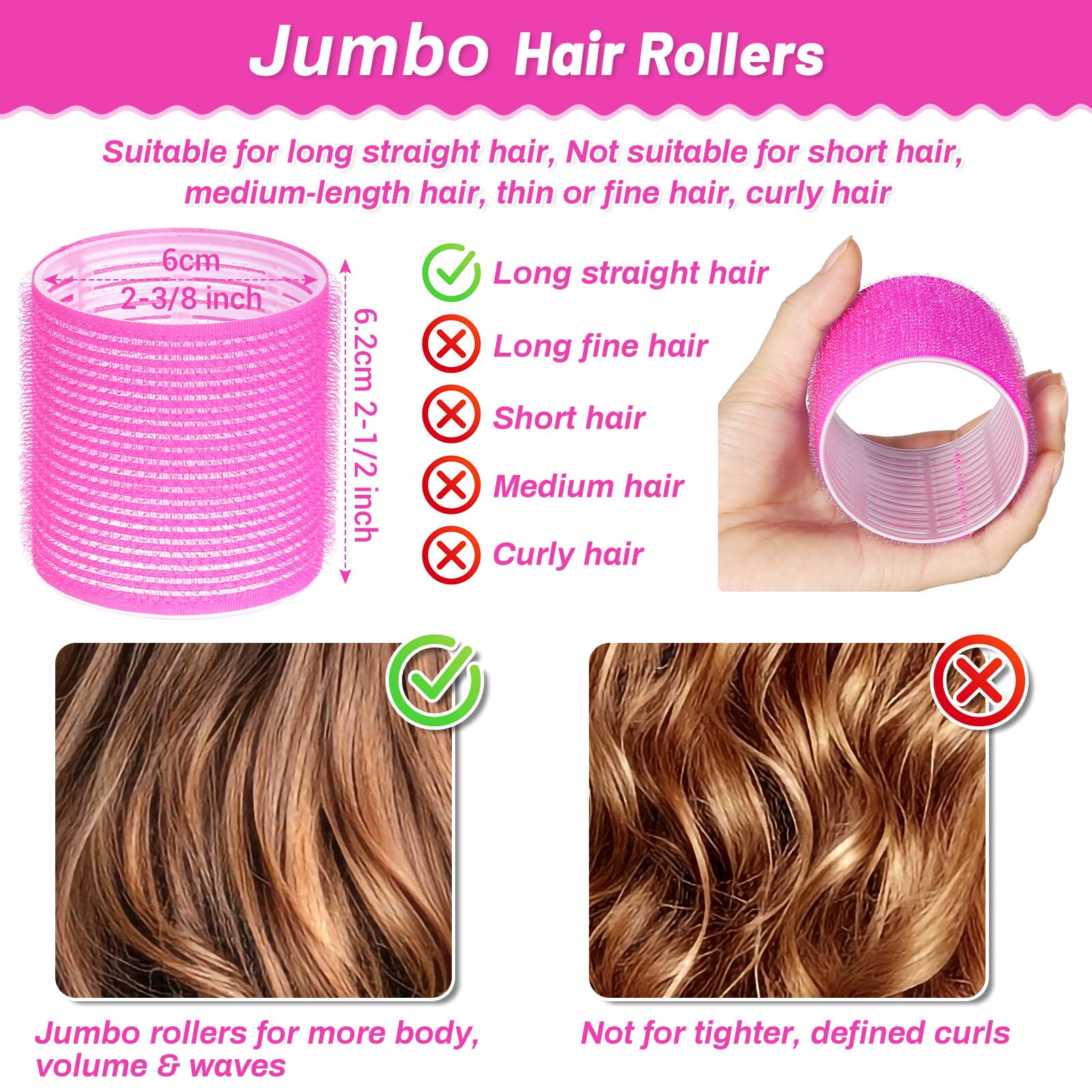 Twelve pieces of sixty millimeter big hair rollers with matching stainless steel duckbill clips