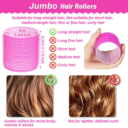 Twelve pieces of sixty millimeter big hair rollers with matching stainless steel duckbill clips