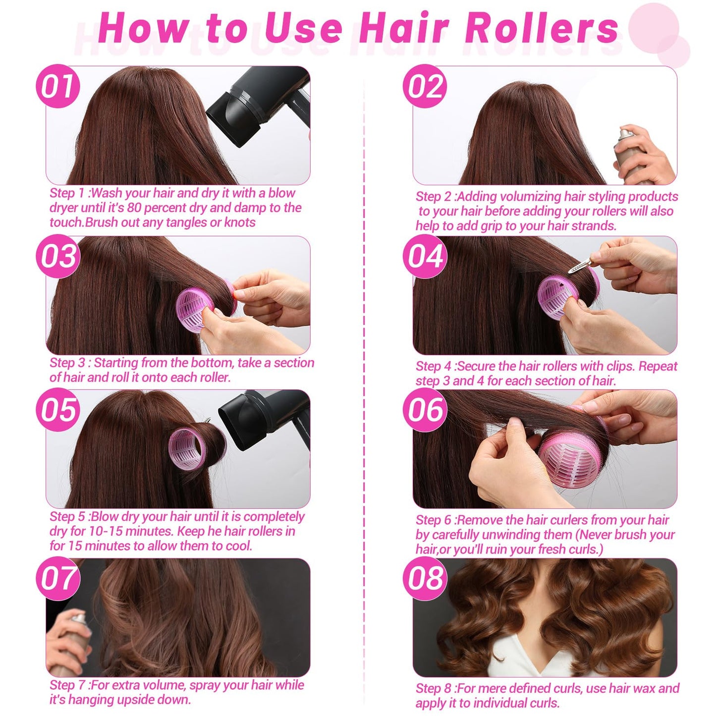 Oversized rose red self grip rollers for creating salon volume in long thick hair