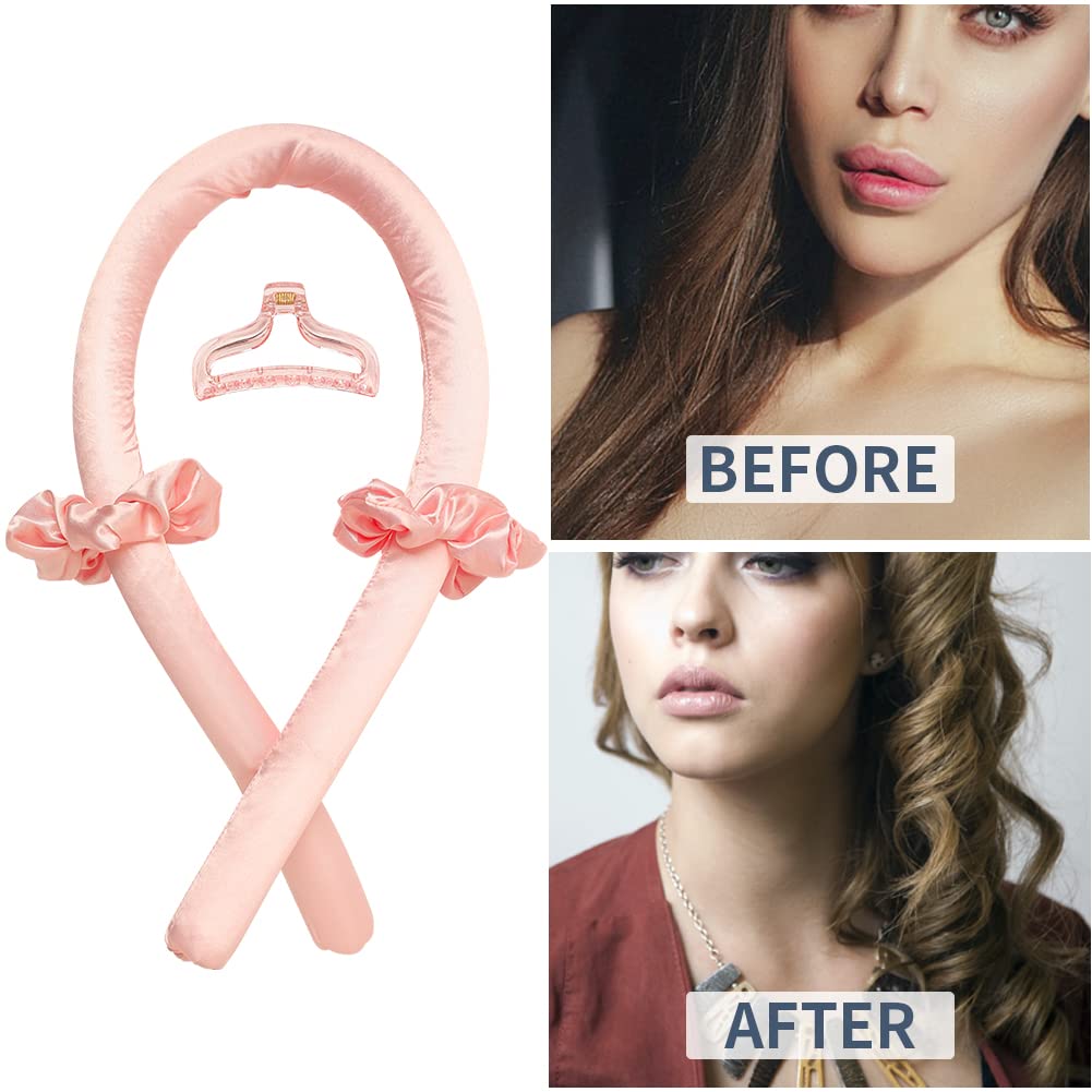 Pink heatless hair roller rod with included pastel acrylic hair claw clip close up