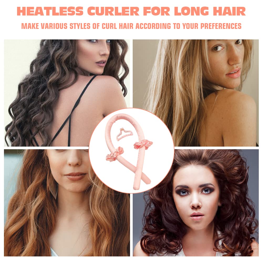 Overnight silk ribbon hair curler set with two matching pink satin scrunchies