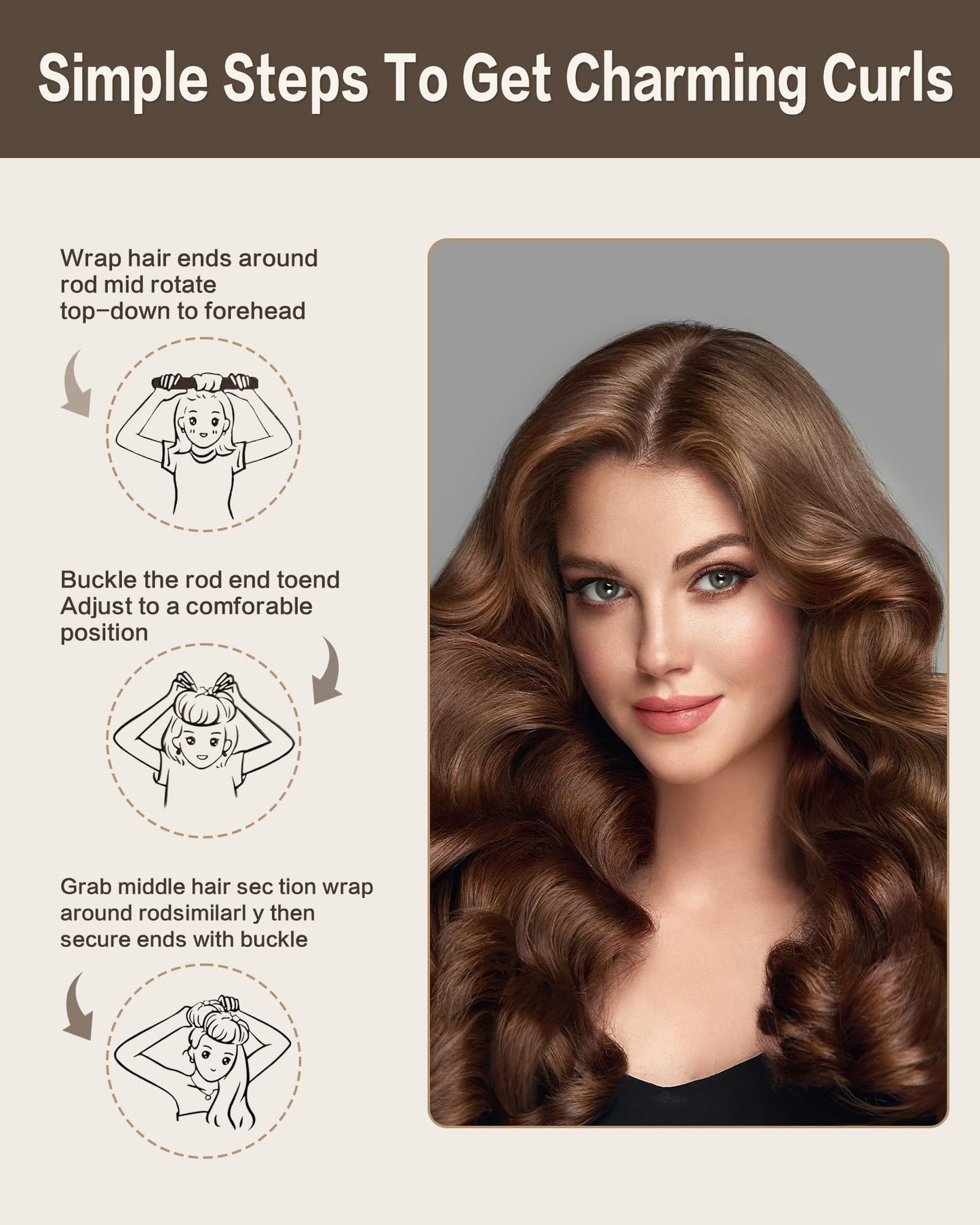 Model showing how to wrap long hair around the flexible heatless curling rollers