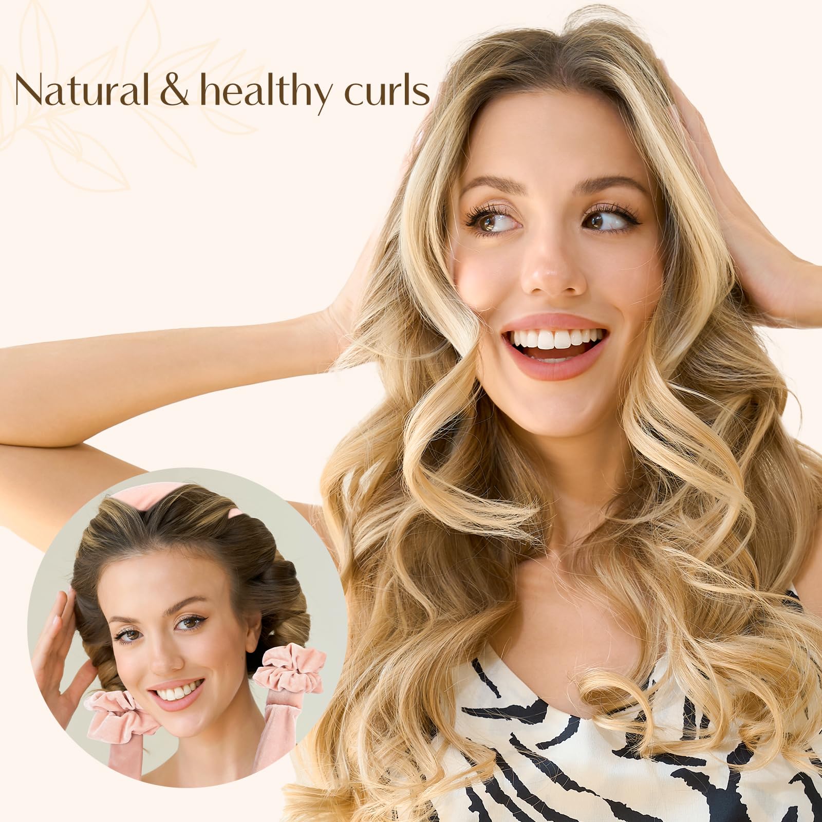 Overnight heat-free hair curling set layout including scrunchies and a claw clip.