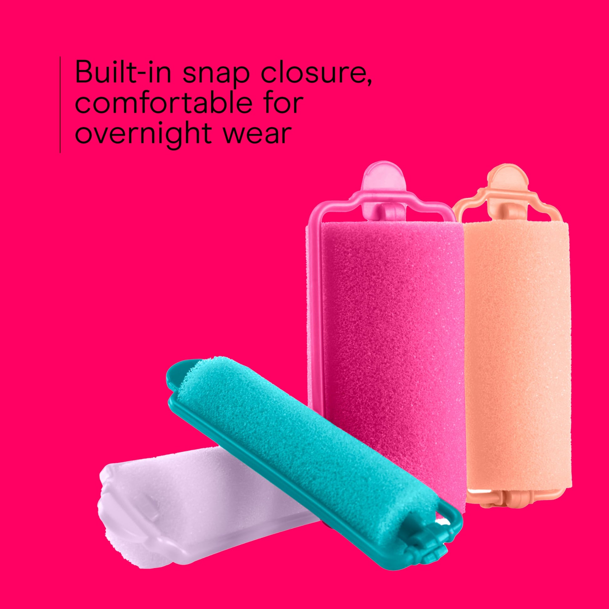 Assorted neon colored heatless hair rollers arranged by size from small to large.