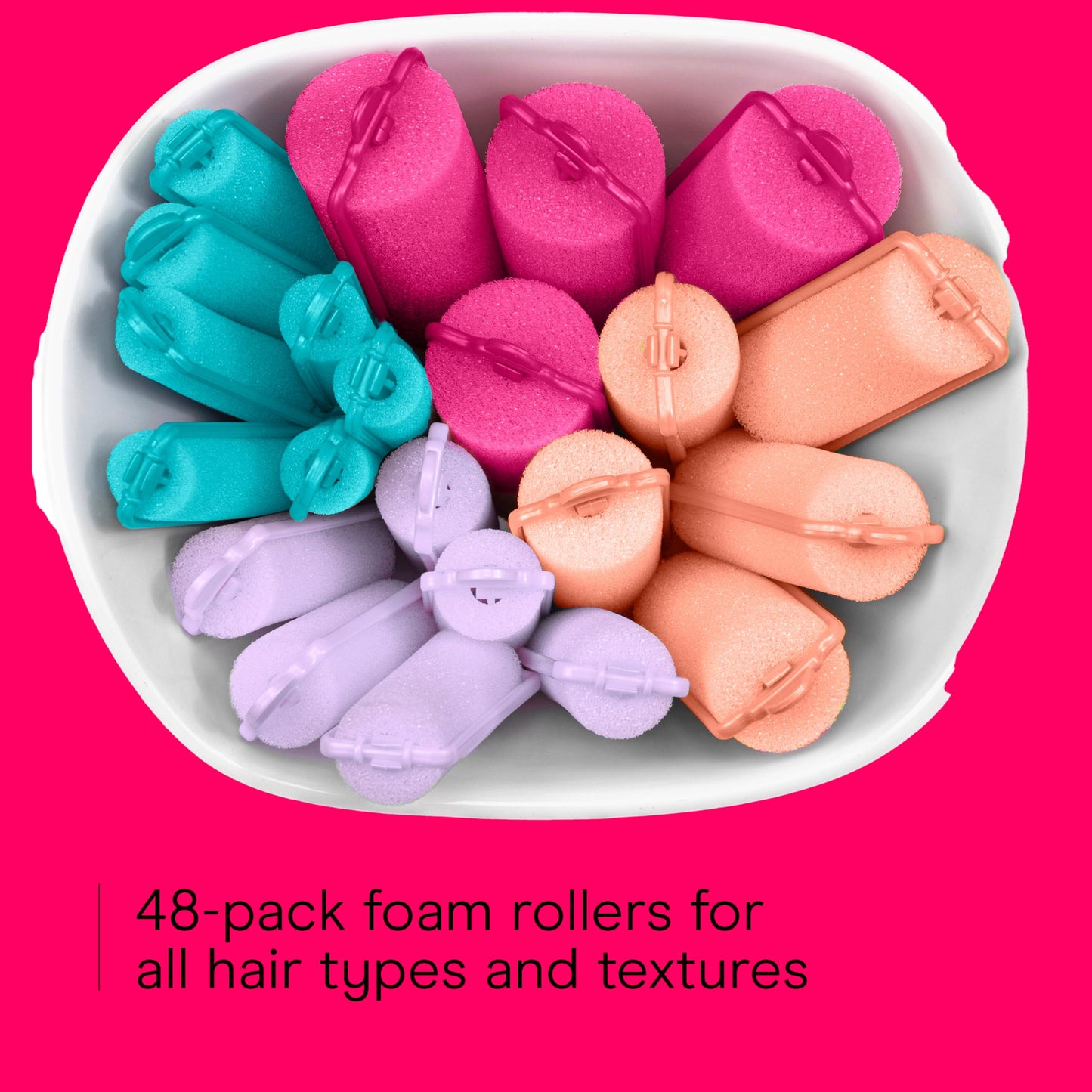 Clear zippered travel pouch filled with forty eight pieces of Conair foam curlers.